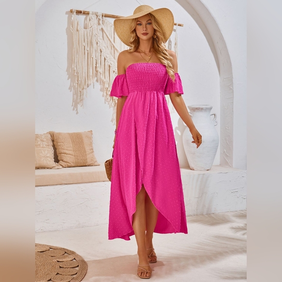 High-Low Smocked Short Sleeve Midi Dress - Picture 4 of 6